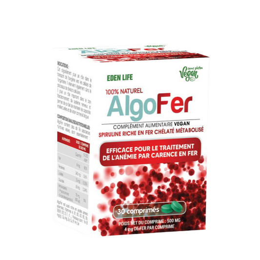 Algofer Eden Life, spiruline enrichie en fer – 30 comprimés pour l’énergie et la mémoire, disponible sur laparadulac.com – parapharmacie Tunisie.

