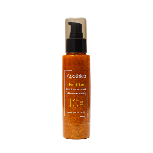 Apothica Huile Bronzante 100ml à base de Monoi de Tahiti, disponible sur laparadulac.com, parapharmacie Tunisie pour un bronzage doré naturel.
