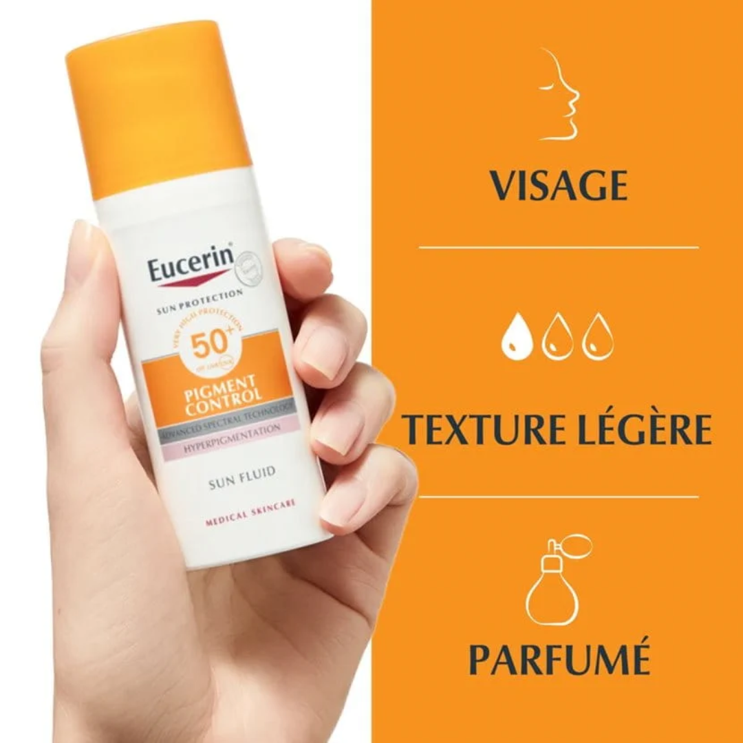 Eucerin Sun Pigment Control Fluid SPF50+ disponible sur laparadulac.com parapharmacie Tunisie pour protéger la peau et réduire les taches brunes