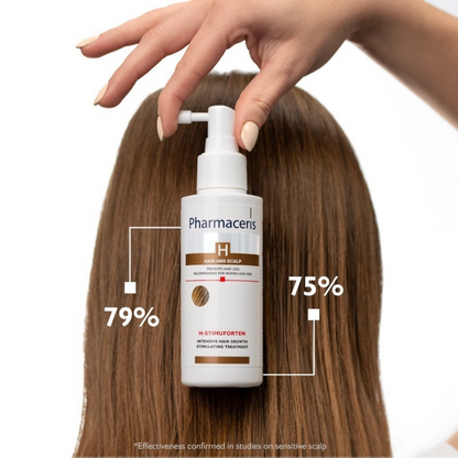 Spray PHARMACERIS H-StimuForten 125ml pour la repousse capillaire, disponible sur laparadulac.com – parapharmacie Tunisie.

