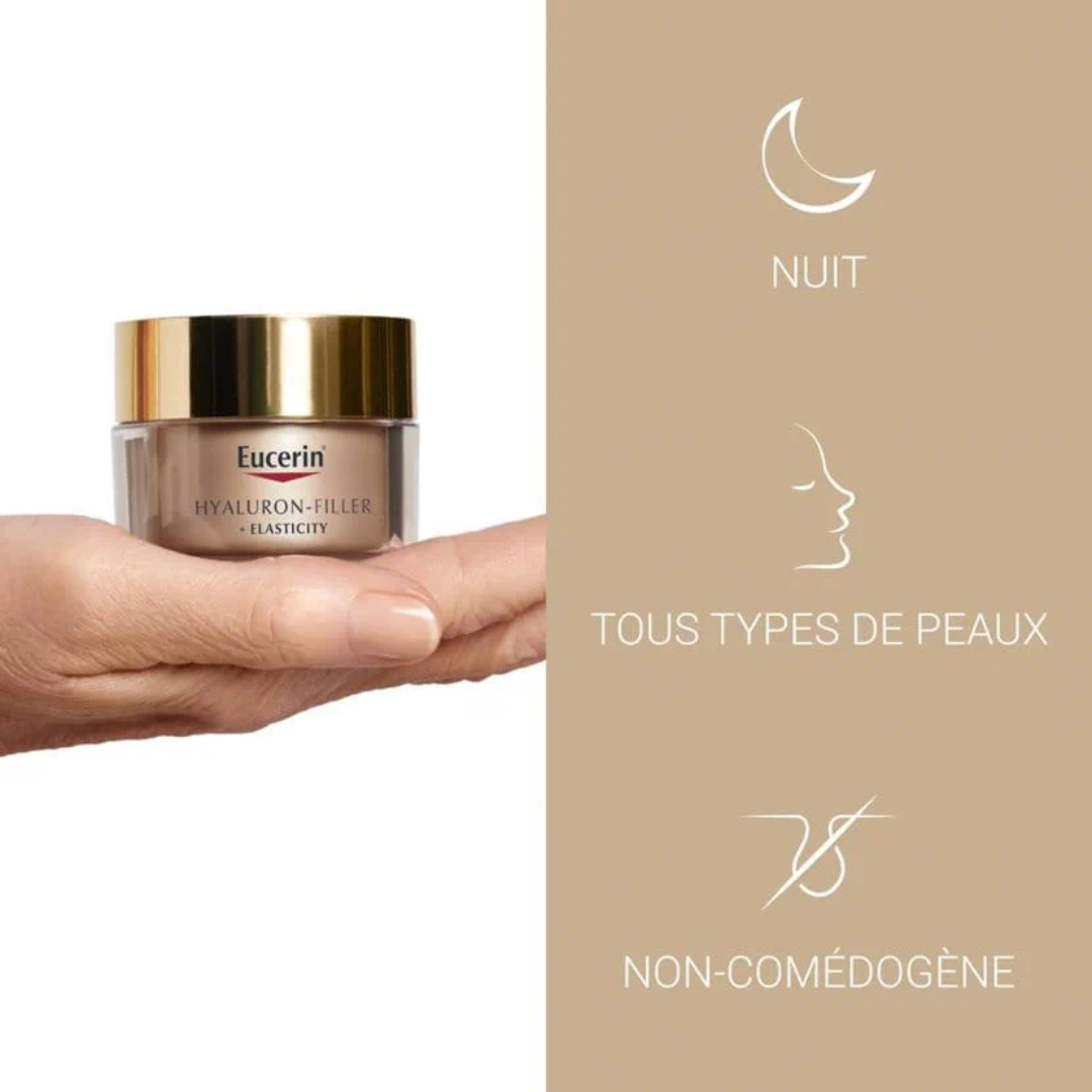 Crème nuit anti-âge Eucerin Hyaluron-Filler Elasticity – soin peau mature, aide à lisser rides et améliorer fermeté, commande sur laparadulac.com, livraison partout en Tunisie.