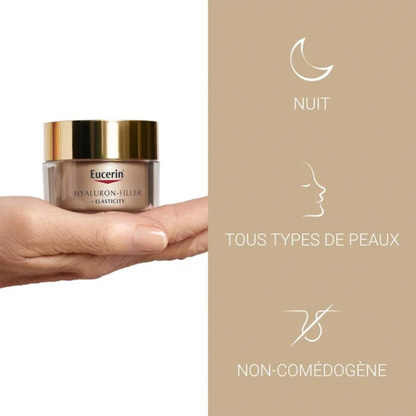 Crème nuit anti-âge Eucerin Hyaluron-Filler Elasticity – soin peau mature, aide à lisser rides et améliorer fermeté, commande sur laparadulac.com, livraison partout en Tunisie.
