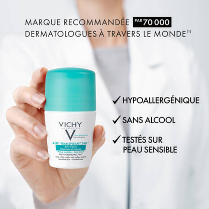 Déodorant anti-traces Vichy 24h pour homme et femme, protection sans résidus sur vêtements.

