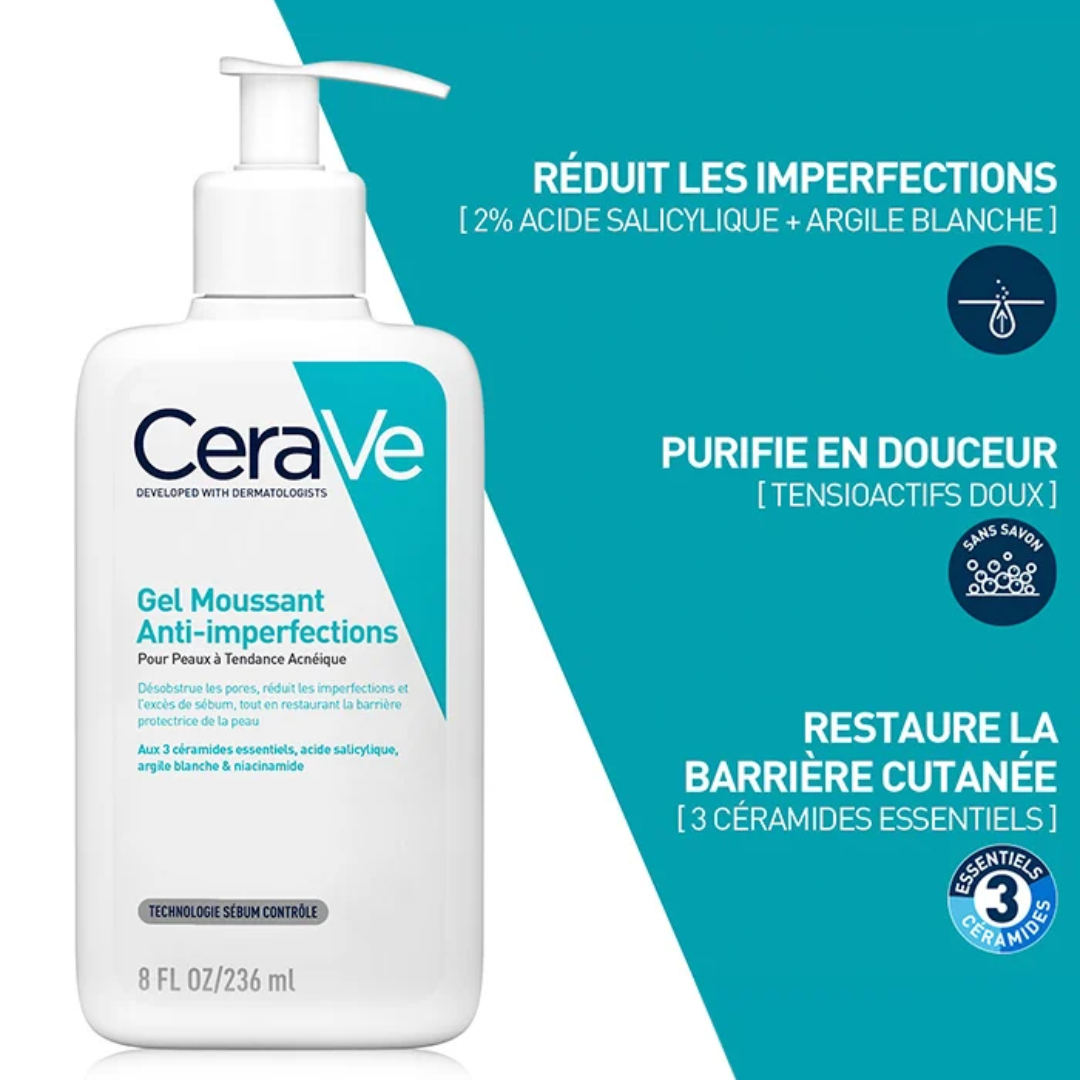 CeraVe Gel Moussant Anti-Imperfections – purifie, matifie et réduit boutons. Parapharmacie en ligne Tunisie – laparadulac.com.


