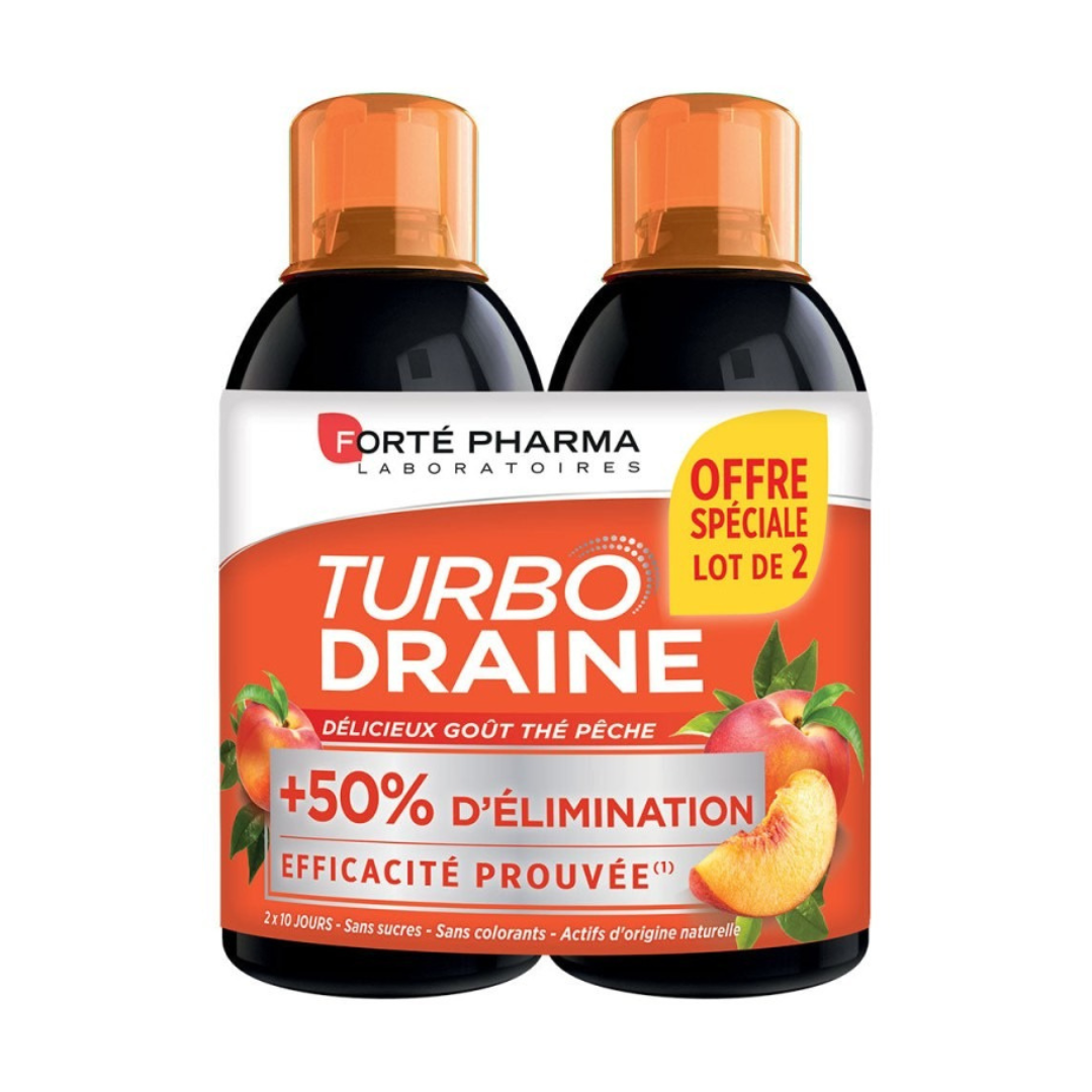 Turbodraine Thé-Pêche Lot 2 x 500 ml – parapharmacie Tunisie laparadulac.com – boisson minceur sans sucre goût fruité