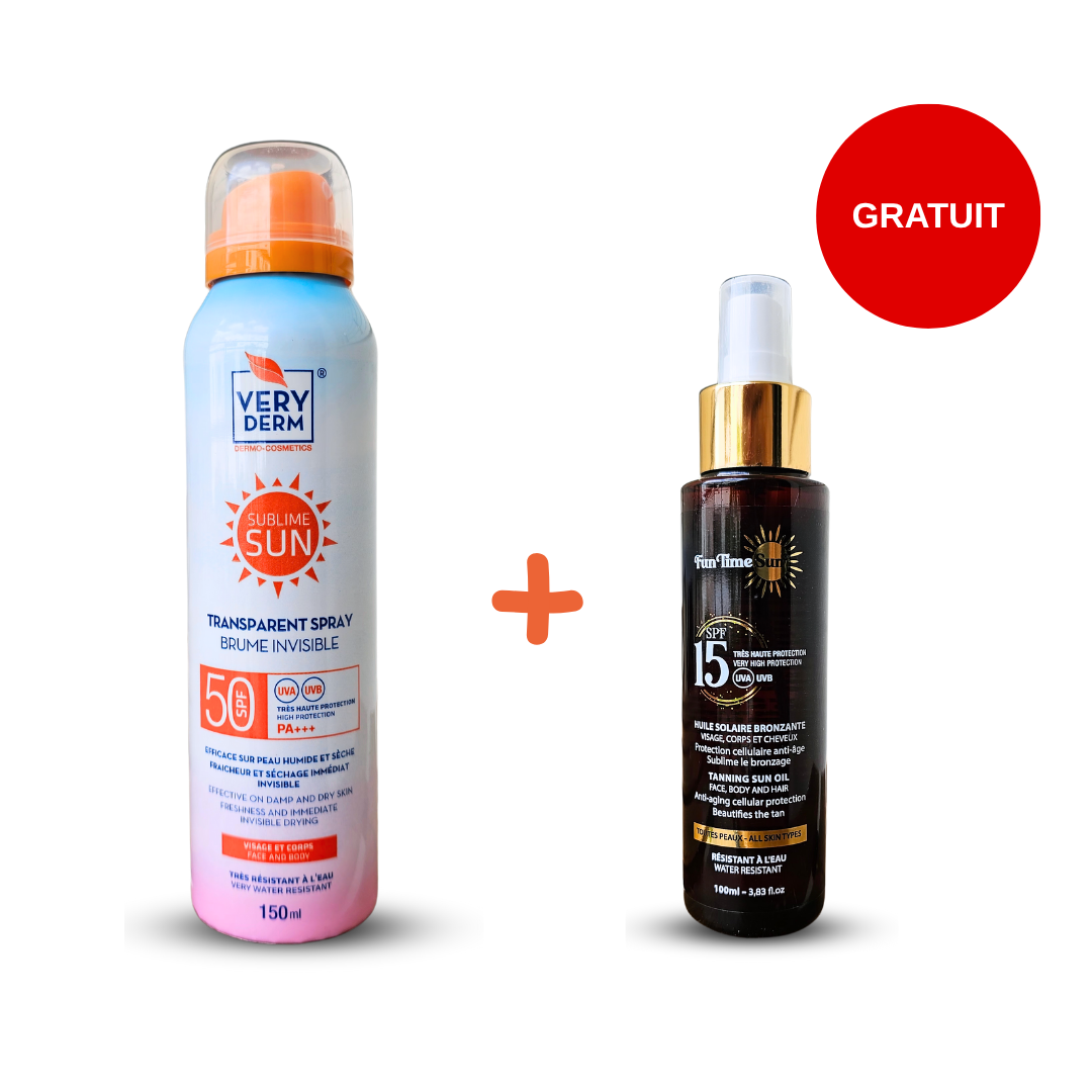 Découvrez le pack solaire Very Derm sur laparadulac.com, votre référence en parapharmacie Tunisie. Profitez d’une brume transparente SPF50+ pour visage et corps, accompagnée d’une huile offerte au choix : Monoï, Or ou Bronze. Un duo estival parfait pour protéger, hydrater et sublimer votre peau tout l'été.

