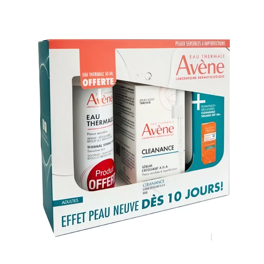 Coffret Cleanance Avène – sérum exfoliant AHA, Eau Thermale & solaire SPF50+. Peaux sensibles à imperfections – peau plus lisse dès 10 jours. Disponible sur laparadulac.com.

