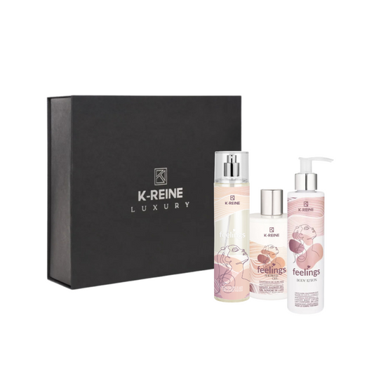 Coffret Feelings K‑REINE : Lait corps, gel douche et brume parfumée en format 200 ml, 300 ml, 230 ml — disponible sur laparadulac.com, parapharmacie Tunisie.