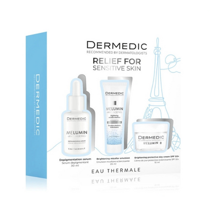 Coffret Dermedic Melumin anti-taches, 3 soins éclaircissants visage sur laparadulac.com, parapharmacie Tunisie.