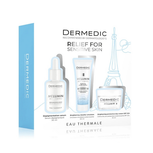 Coffret Dermedic Melumin anti-taches, 3 soins éclaircissants visage sur laparadulac.com, parapharmacie Tunisie.
