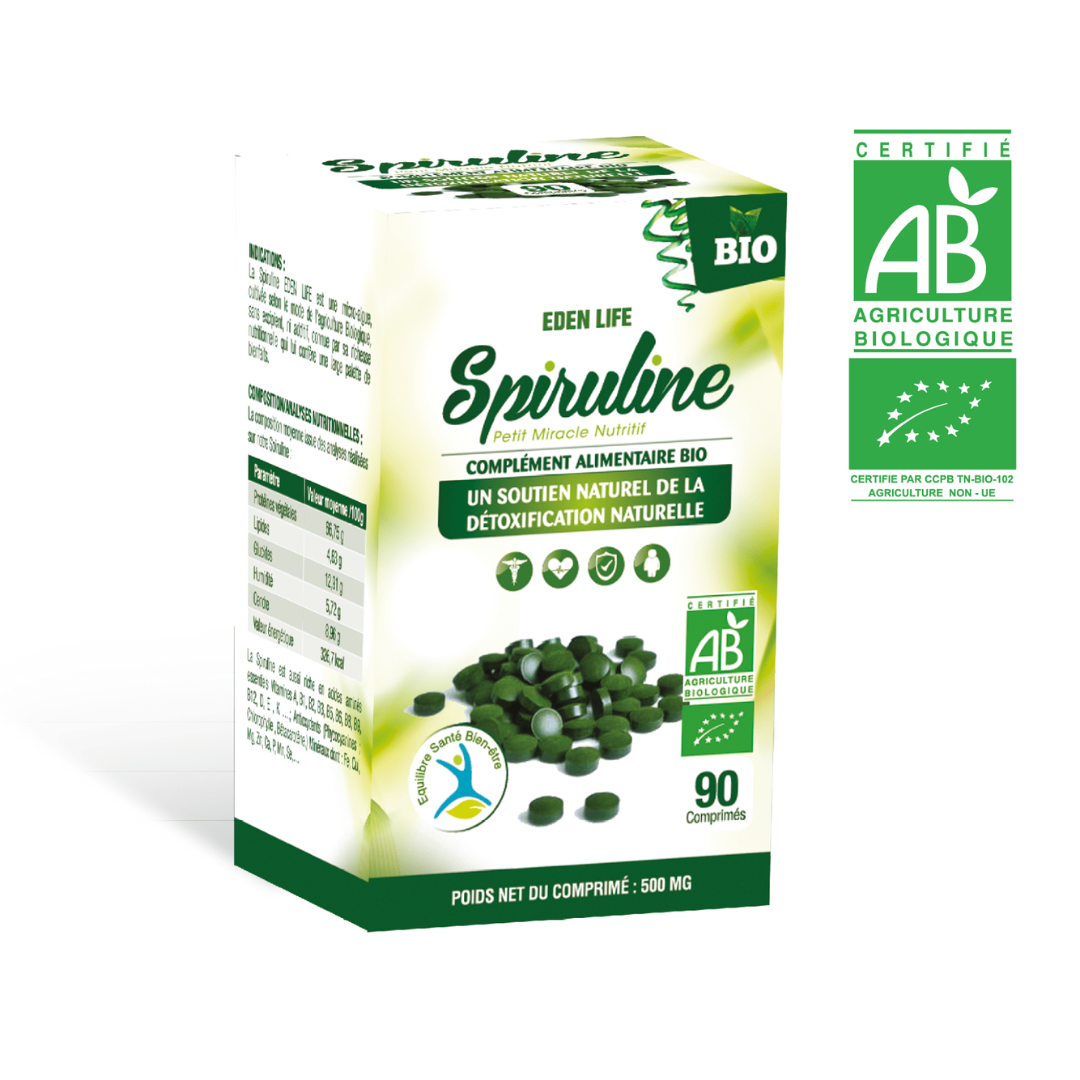 Complément alimentaire Spiruline Bio Eden Life 90 gélules, produit naturel 100% tunisien, disponible sur laparadulac.com – parapharmacie Tunisie.
