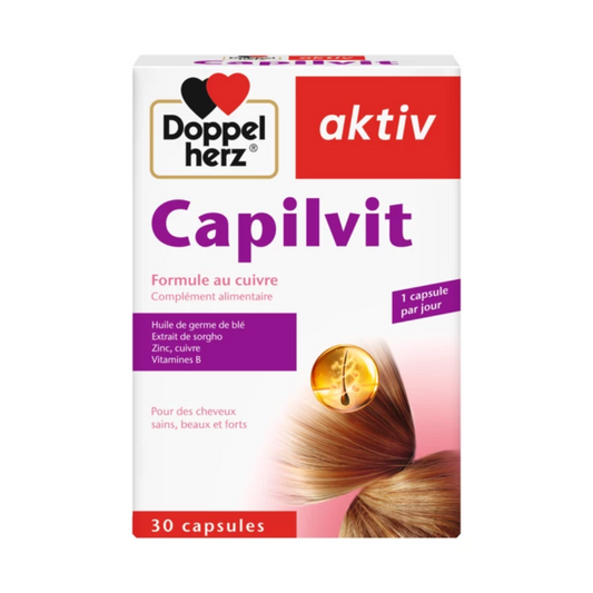 Capilvit de Doppelherz sur laparadulac.com, parapharmacie Tunisie, pour renforcer et revitaliser les cheveux en profondeur.

