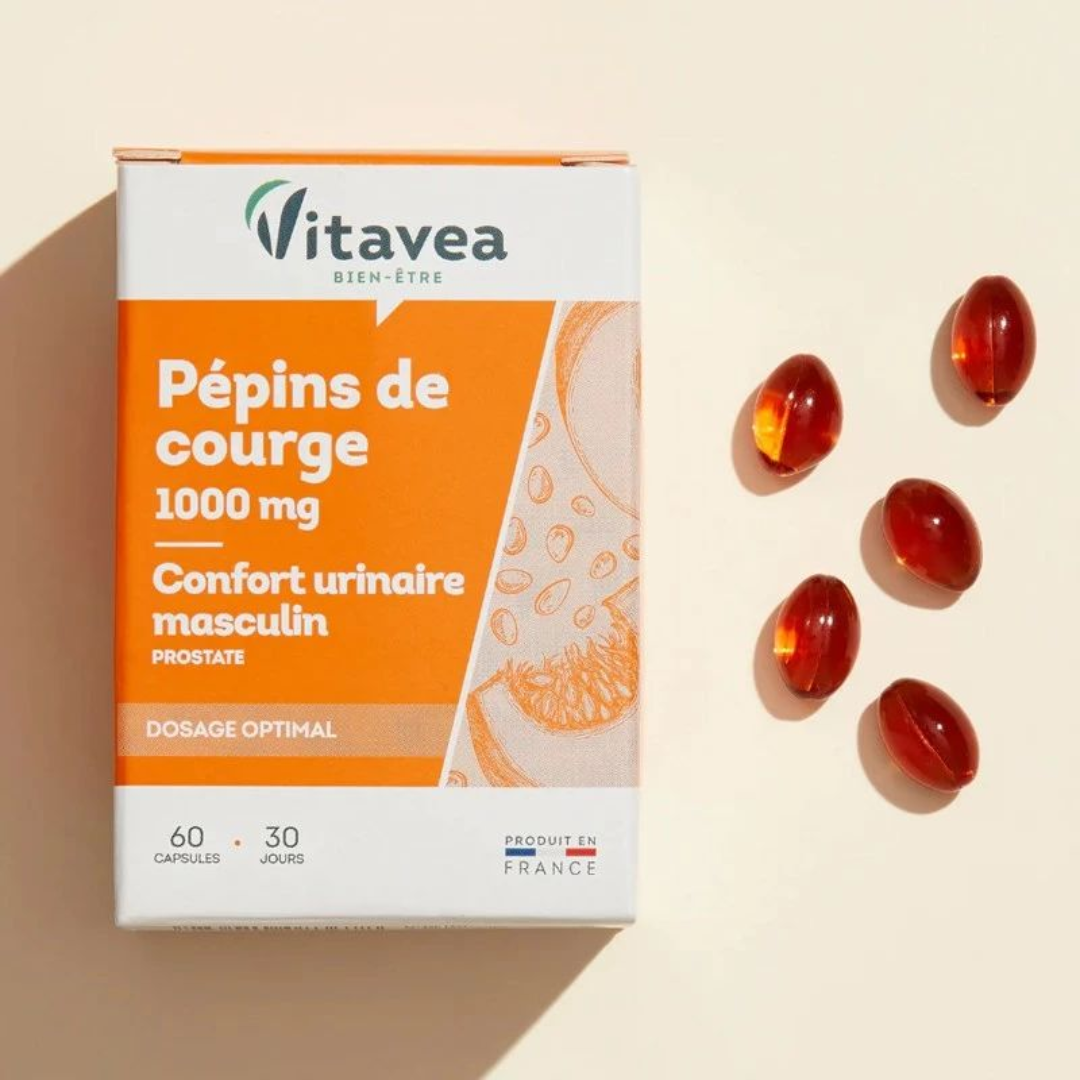 Pépins de courge Vitavea 1000 mg – parapharmacie Tunisie sur laparadulac.com – soutien urinaire et santé prostate homme

