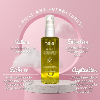 Huile Anti-Vergeture Moline 50ml disponible sur laparadulac.com, parapharmacie Tunisie : soin naturel pour prévenir et atténuer les vergetures.