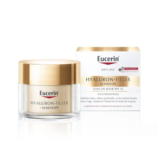 EUCERIN Hyaluron-Filler + Elasticity Soin de Jour SPF15 Tunisie – crème anti-rides et fermeté visage, soin hydratant à l’acide hyaluronique et collagène, protection solaire SPF15, dermocosmétique Eucerin, parapharmacie en ligne Tunisie Lac 2, produits EUCERIN originaux pas cher Tunisie, acheter Hyaluron-Filler Elasticity Jour en Tunisie sur laparadulac.com