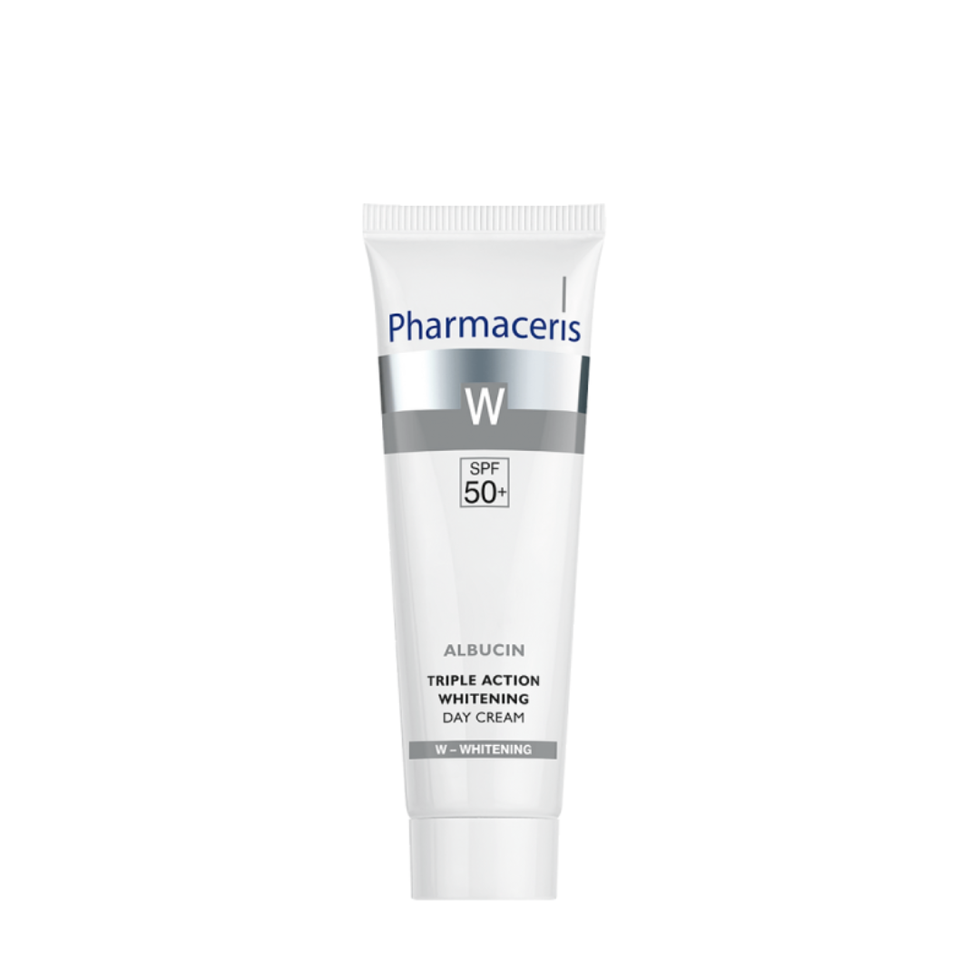 Image de la crème PHARMACERIS Albucin Triple Action SPF50+ 30 ml sur laparadulac.com, parapharmacie Tunisie – soin anti-taches et éclaircissant.

