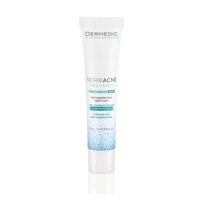 Crème de nuit anti-imperfections Dermedic Normacne Preventi sur laparadulac.com, parapharmacie Tunisie pour peau à tendance acnéique.
