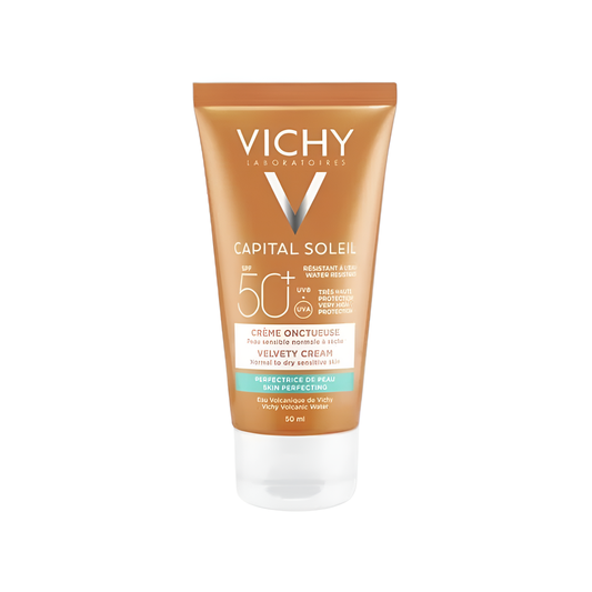 Crème solaire perfectrice de peau Vichy SPF 50+ disponible sur laparadulac.com, parapharmacie Tunisie pour protection visage à Tunis.

