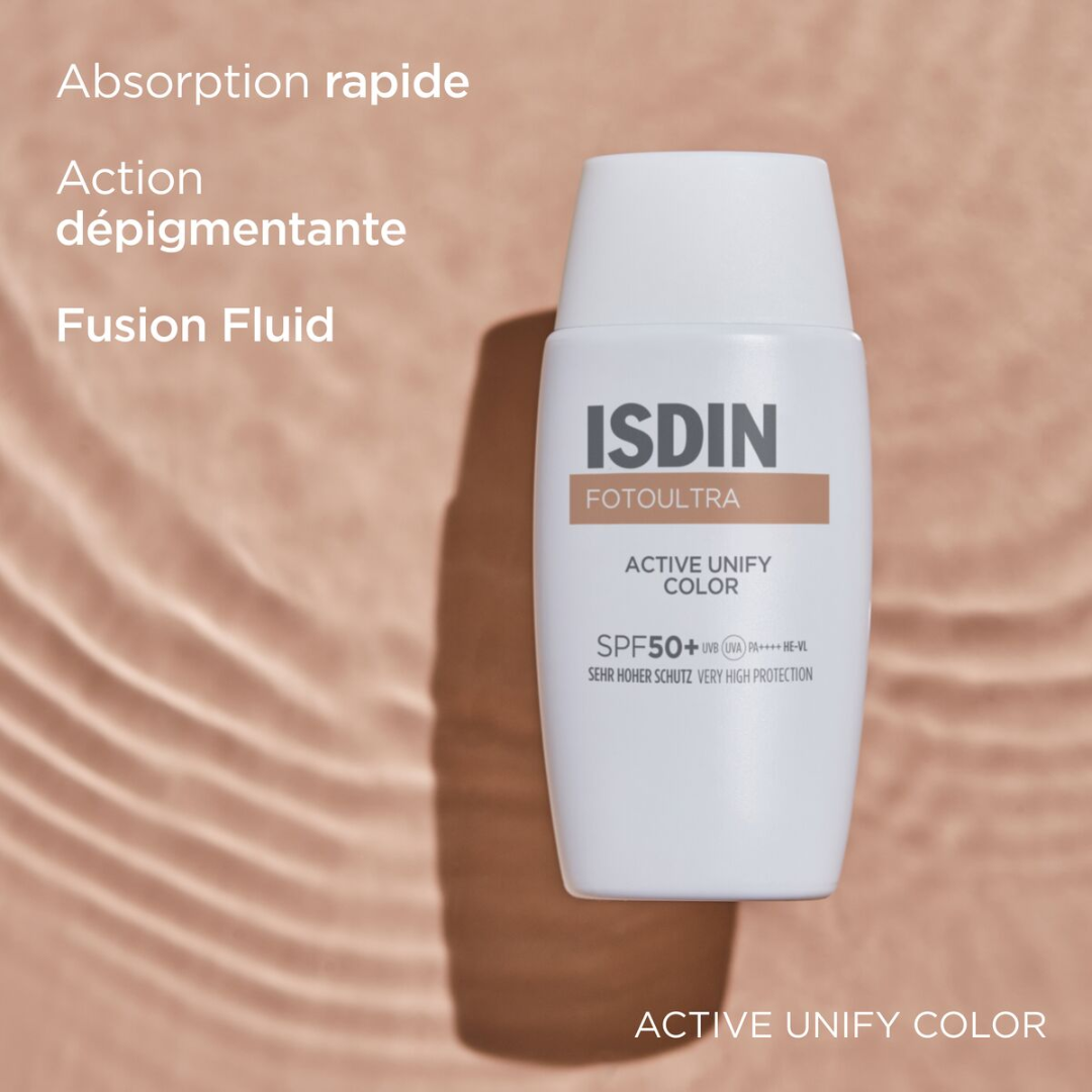 Fotoultra 100 Active Unify COLOR SPF 50+ – crème solaire teintée unifiante, disponible en ligne chez Laparadulac Parapharmacie Tunisie.

