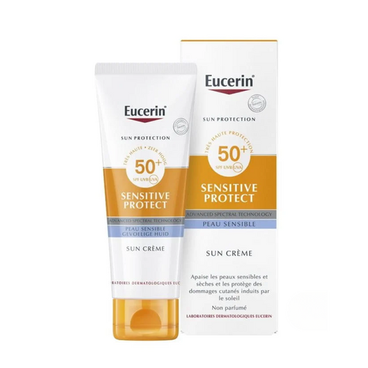 EUCERIN Sun Protection Sensitive Protect Crème SPF50+ Tunisie – crème solaire visage haute protection UVA/UVB, soin protecteur peau sensible et sujette aux allergies solaires, dermocosmétique Eucerin, parapharmacie en ligne Tunisie Lac 2, produits EUCERIN originaux pas cher Tunisie, acheter crème solaire Eucerin SPF50+ en Tunisie sur laparadulac.com