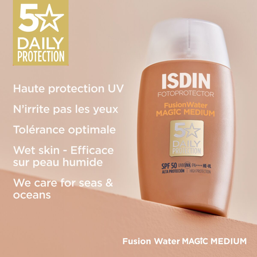 Crème solaire teintée ISDIN Fusion Water MAGIC Medium SPF 50 – Laparadulac Parapharmacie Tunisie, protection UV et teint naturel.

