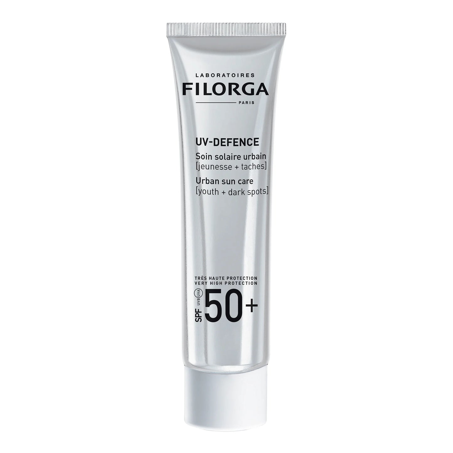 Tube UV-Defence SPF50+ Filorga – écran solaire visage haute protection, texture légère, usage quotidien ville/plage, aide à unifier le teint et protéger la peau, achat en ligne Tunisie sur laparadulac.com, qualité garantie.