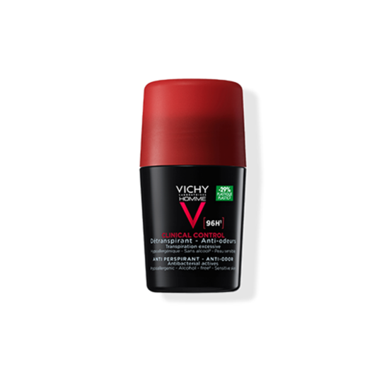 Vichy Clinical Control 96h pour homme, déodorant anti-transpirant ultra longue durée pour transpiration excessive.

