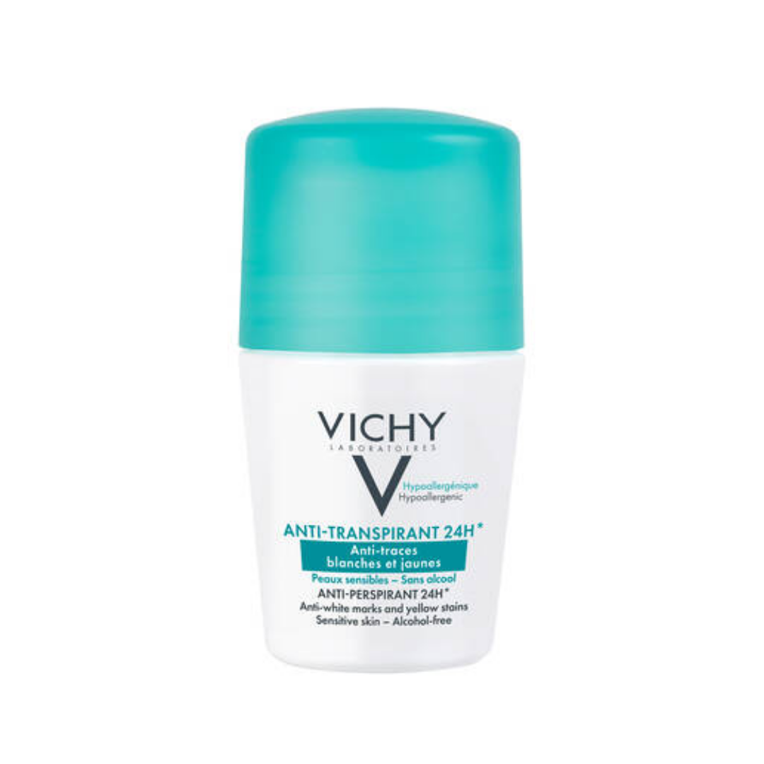 Déodorant anti-traces Vichy 24h pour homme et femme, protection sans résidus sur vêtements.

