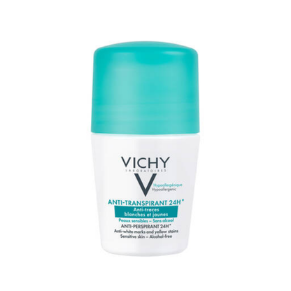 Déodorant anti-traces Vichy 24h pour homme et femme, protection sans résidus sur vêtements.

