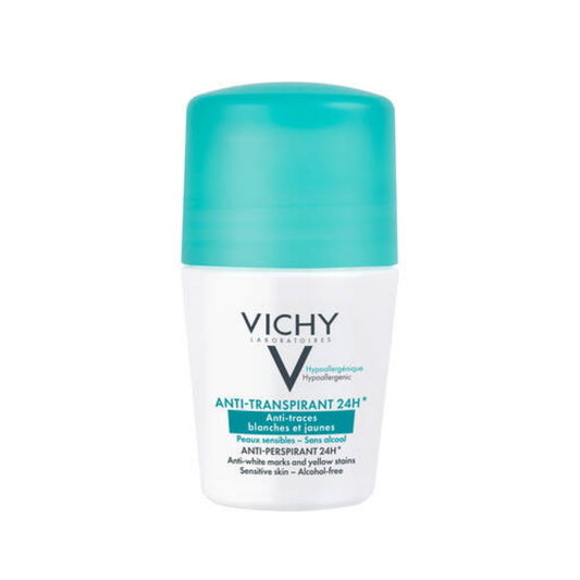 Déodorant anti-traces Vichy 24h pour homme et femme, protection sans résidus sur vêtements.

