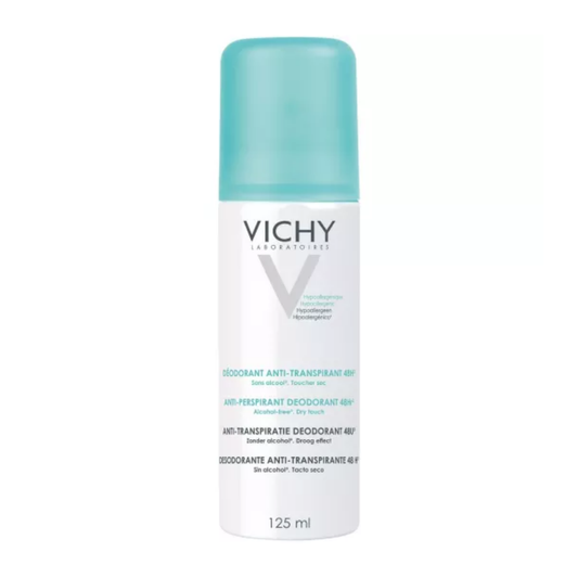 Vichy Spray anti-transpirant 48h, anti-traces jaunes et blanches, idéal pour peaux sensibles.

