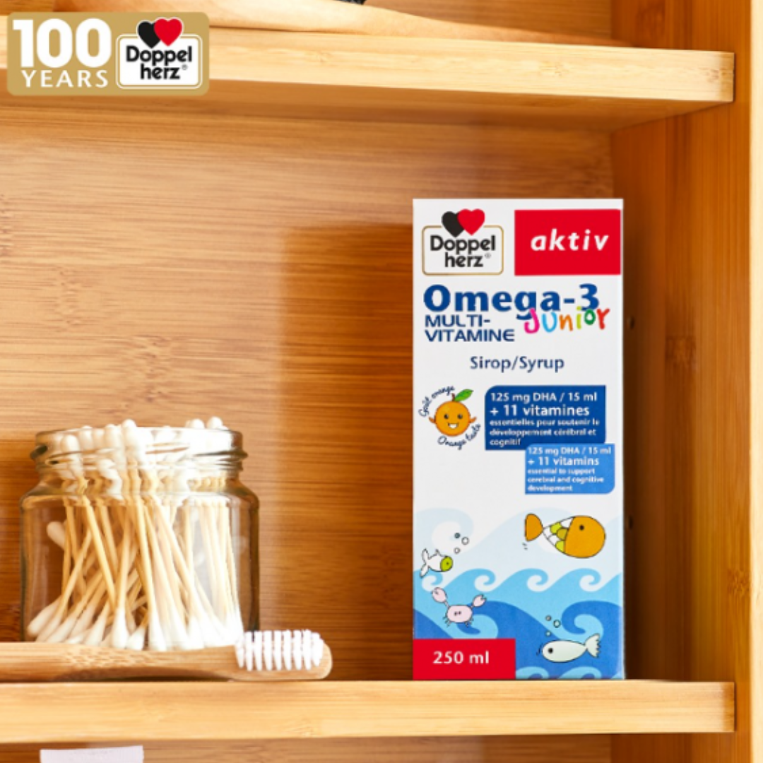 Sirop multivitaminé enfant AKTIV Omega 3 Junior en vente sur laparadulac.com | Parapharmacie Tunisie | Développement cognitif et visuel

