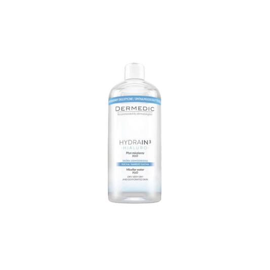 Dermedic Hydrain3 Eau Micellaire 500ml en Tunisie – eau micellaire hydratante, démaquille visage/yeux, nettoie en douceur, idéale peau sensible déshydratée, achat en ligne La Para du Lac laparadulac.com, livraison rapide, prix.
