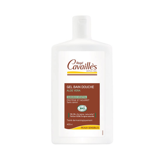 Gel douche Rogé Cavaillès à l’aloe vera pour peaux sensibles, disponible sur laparadulac.com, parapharmacie Tunisie, douceur et soin naturel.

