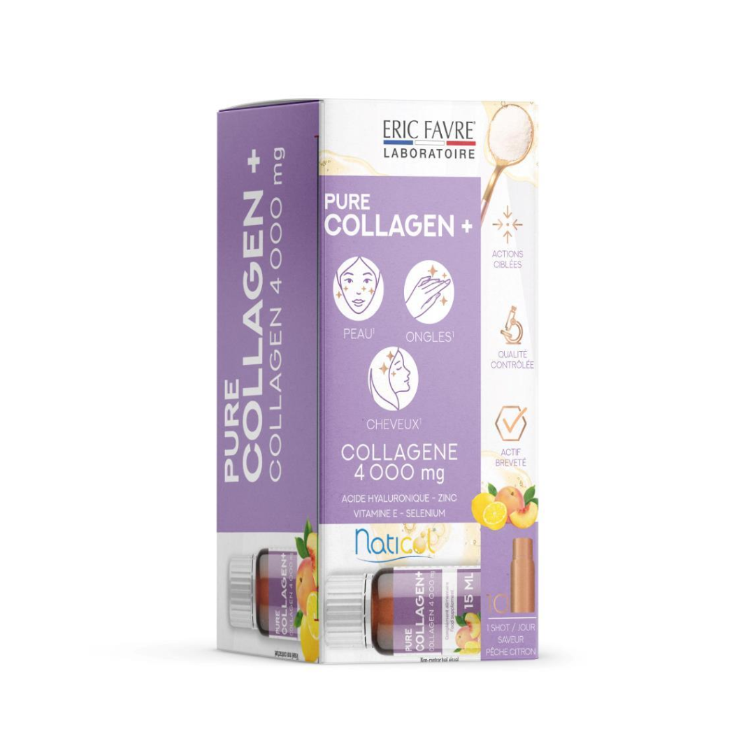 Photo du produit Eric Favre Pure Collagen+ en fioles – complément alimentaire beauté à base de collagène marin, hyaluronique, zinc et sélénium

