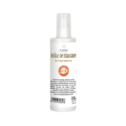 Huile de massage Abricot K-Reine 200ml disponible sur laparadulac.com, parapharmacie Tunisie pour une peau nourrie, douce et délicatement parfumée.

