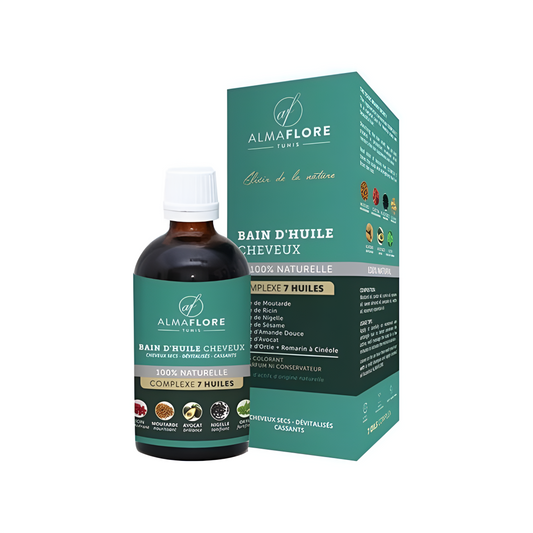 Bain d’huiles cheveux Almaflore Complexe 7+ 100ml – soin capillaire intense sur laparadulac.com, parapharmacie Tunisie.