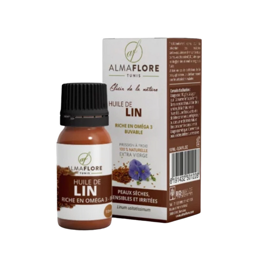 Huile de lin Almaflore 10ml – soin naturel peaux sèches et articulations sur laparadulac.com, parapharmacie Tunisie.