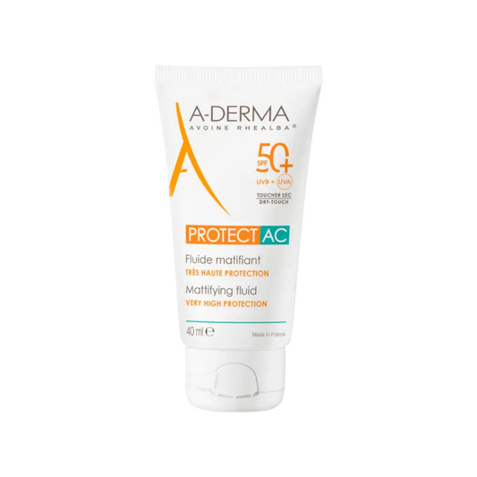 Fluide solaire matifiant A-DERMA Protect AC SPF50+ disponible sur laparadulac.com, parapharmacie Tunisie, idéal pour les peaux acnéiques.