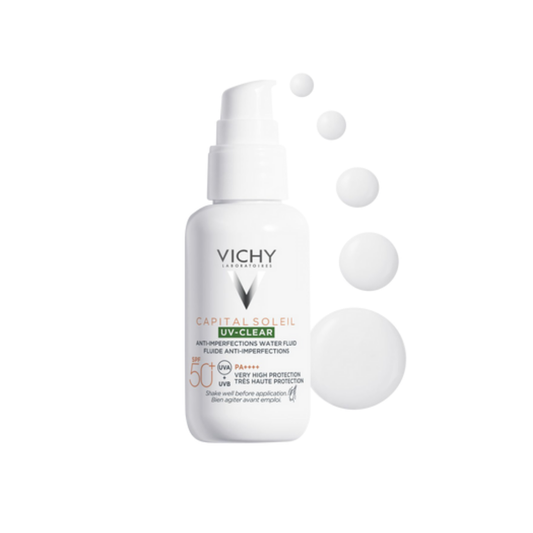 Fluide UV-Clear Vichy SPF 50+ anti-imperfections disponible sur laparadulac.com, parapharmacie Tunisie pour peaux à tendance acnéique à Tunis.

