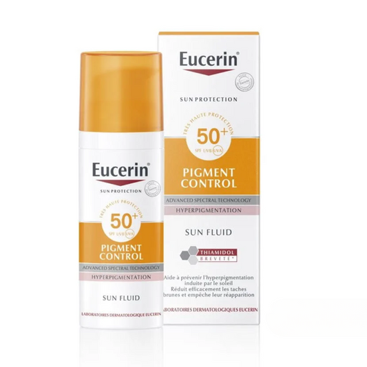 Eucerin Sun Pigment Control Fluid SPF50+ disponible sur laparadulac.com parapharmacie Tunisie pour protéger la peau et réduire les taches brunes