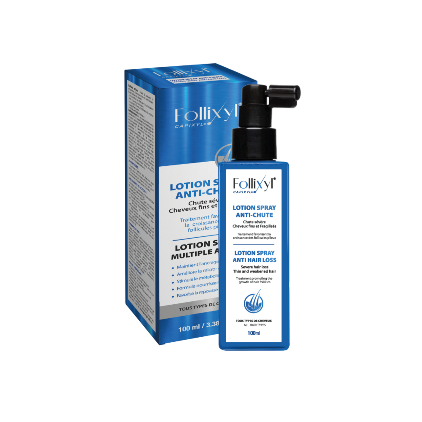 Spray anti-chute cheveux Follixyl – soin homme/femme (selon référence), aide à améliorer densité et vitalité du cuir chevelu (selon usage), commande sur laparadulac.com, livraison partout en Tunisie.