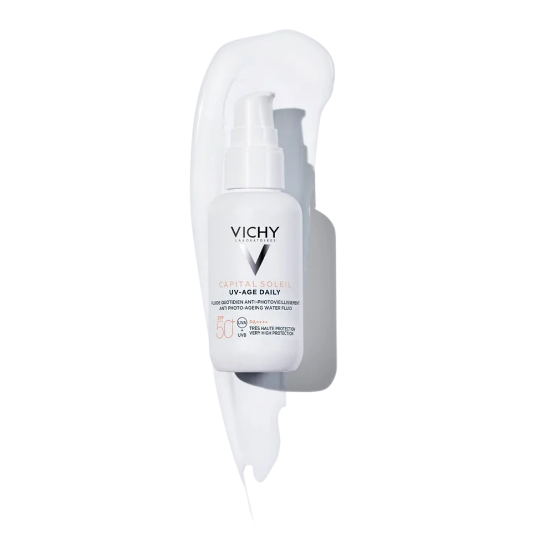 Fluide anti-âge UV-Age Daily Vichy SPF 50+ sur laparadulac.com, parapharmacie Tunisie pour photoprotection visage à Tunis.

