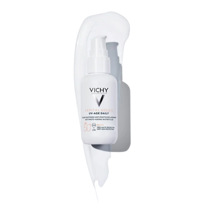 Fluide anti-âge UV-Age Daily Vichy SPF 50+ sur laparadulac.com, parapharmacie Tunisie pour photoprotection visage à Tunis.

