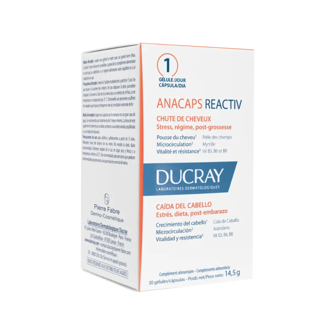 DUCRAY Anacaps Reactiv complément alimentaire cheveux et ongles – vegan et sûr, disponible sur laparadulac.com, parapharmacie Tunisie de référence.

