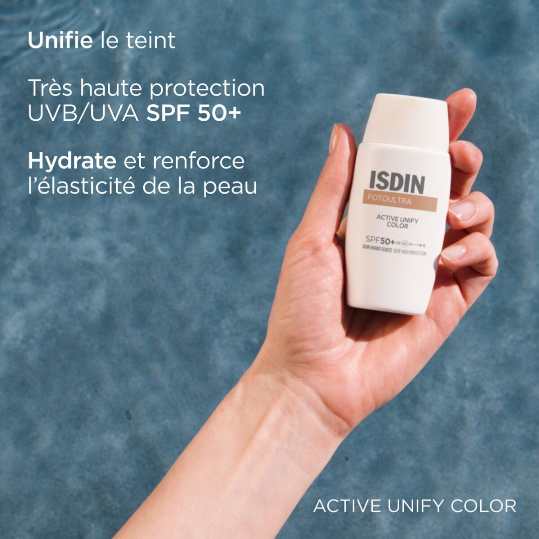 Fotoultra 100 Active Unify COLOR SPF 50+ – crème solaire teintée unifiante, disponible en ligne chez Laparadulac Parapharmacie Tunisie.

