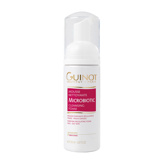 "GUINOT Mousse Nettoyante Microbiotic 150ml – Mousse nettoyante purifiante pour les peaux grasses et à imperfections. Formulée pour réguler l’excès de sébum, éliminer les impuretés et matifier la peau, elle laisse une sensation de fraîcheur et de propreté durable. Idéale pour une routine quotidienne de soin visage. Disponible sur laparadulac.com, la meilleure parapharmacie en Tunisie. Commandez dès maintenant et profitez de la livraison rapide partout en Tunisie."