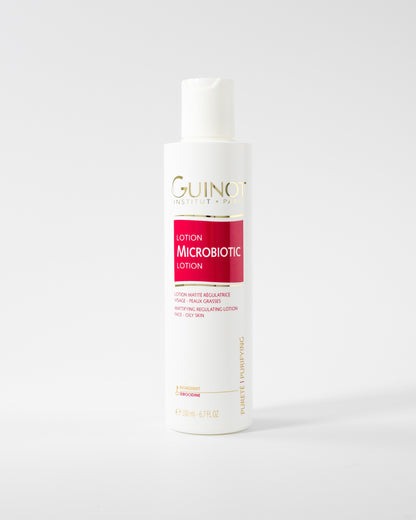 GUINOT Lotion Microbiotic – soin matifiant anti-brillance en vente sur laparadulac.com, parapharmacie Tunisie spécialisée dans les soins peaux grasses.