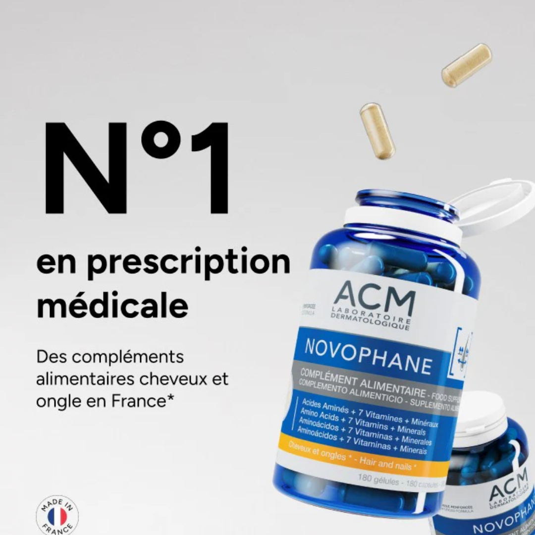"ACM Novophane 180 gélules disponible sur laparadulac.com, parapharmacie Tunisie, soin cheveux et ongles, complément chute capillaire et ongles cassants."

