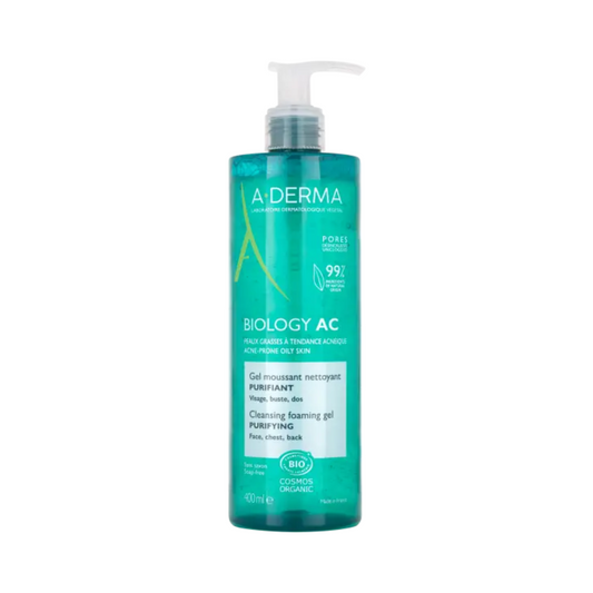 Gel BIO A-DERMA Biology AC nettoyant purifiant pour peaux acnéiques, dispo sur laparadulac.com, parapharmacie Tunisie.